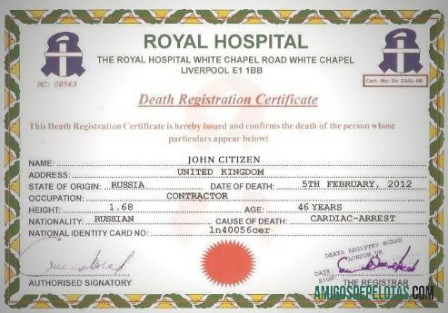Certidão de Óbito do Royal Hospital do Reino Unido exemplo